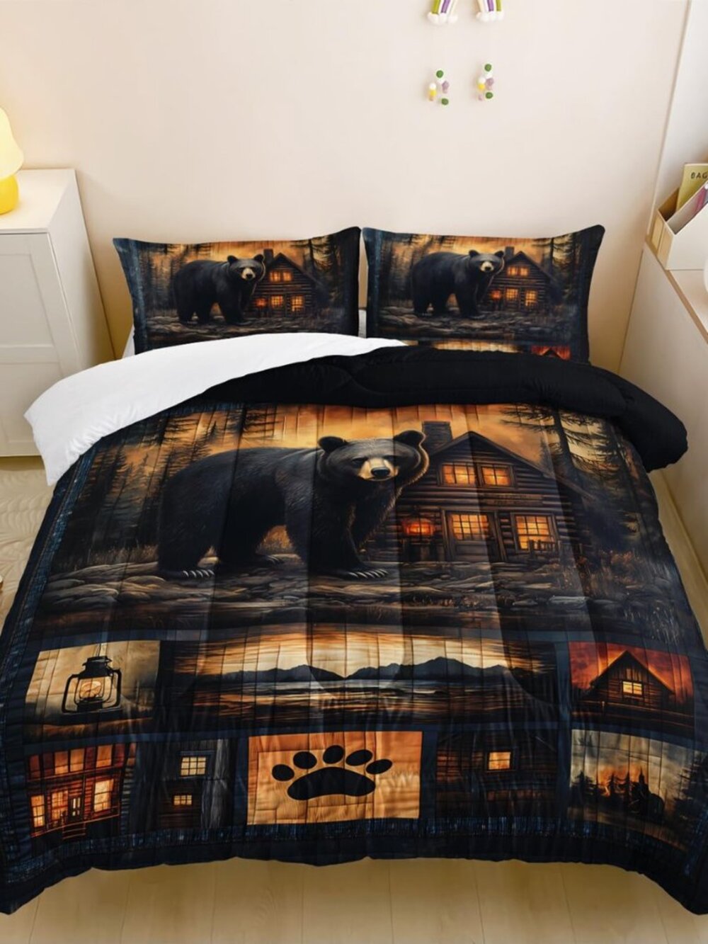Black Bear Comforter Set Full Size for Boys Kids,Rustic Theme Woodland Cabin
